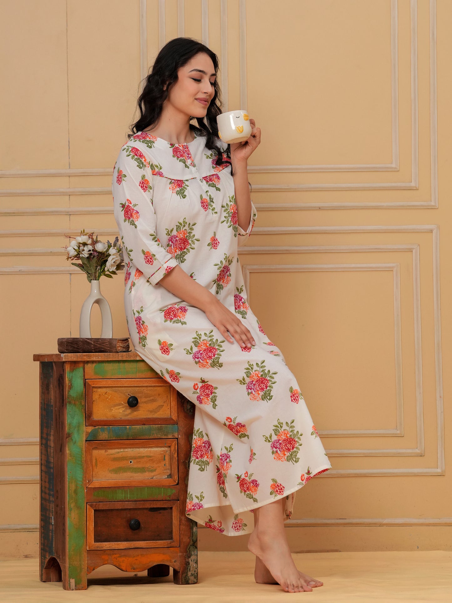 Linen Cotton Floral Straight Off White Nighty