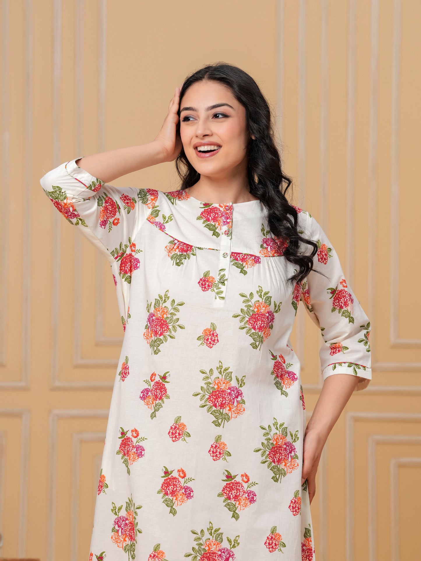 Linen Cotton Floral Straight Off White Nighty
