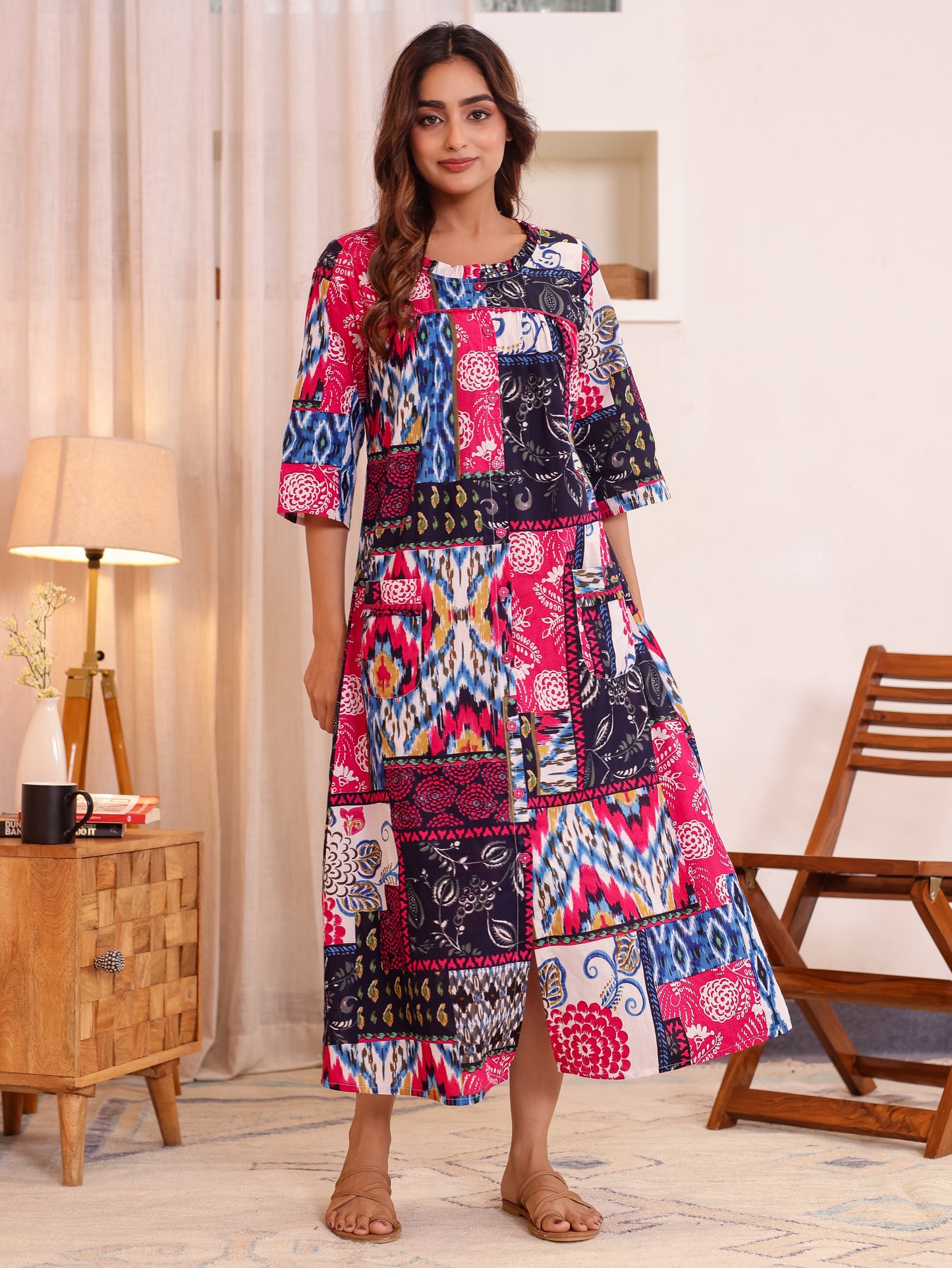 Embroidered Soft Cotton Colorblock Straight Pink Night Dress