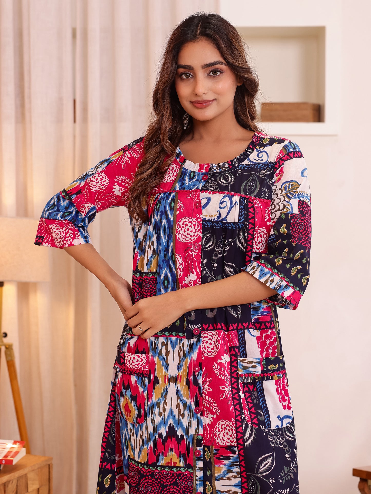 Embroidered Soft Cotton Colorblock Straight Pink Night Dress