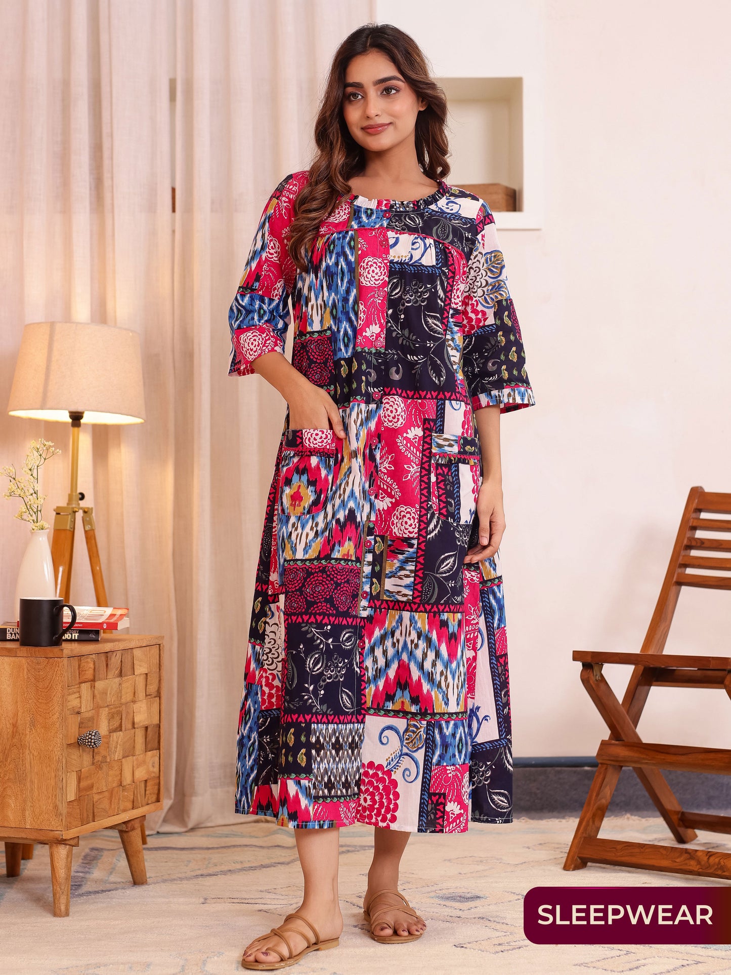 Embroidered Soft Cotton Colorblock Straight Pink Night Dress