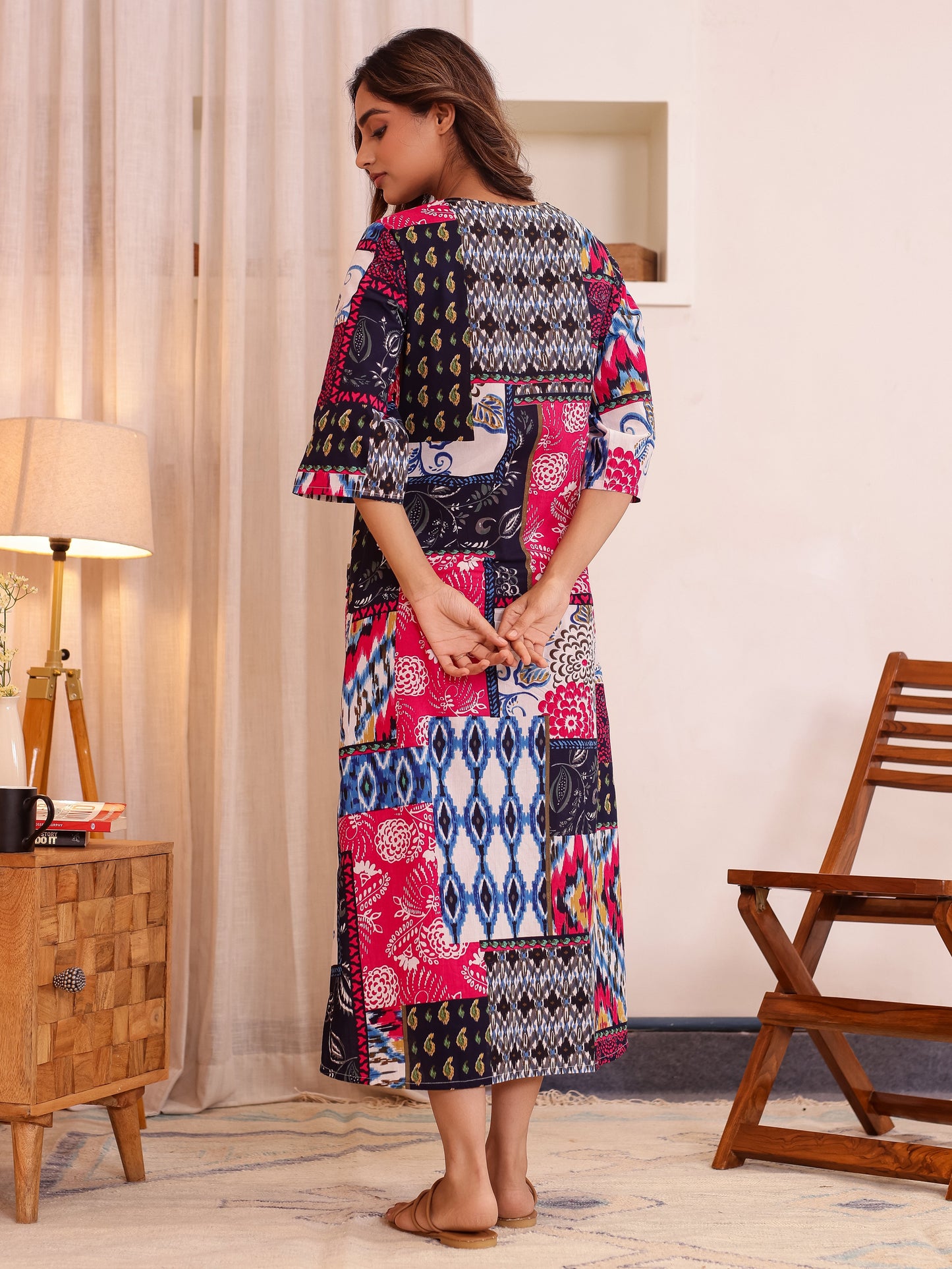 Embroidered Soft Cotton Colorblock Straight Pink Night Dress