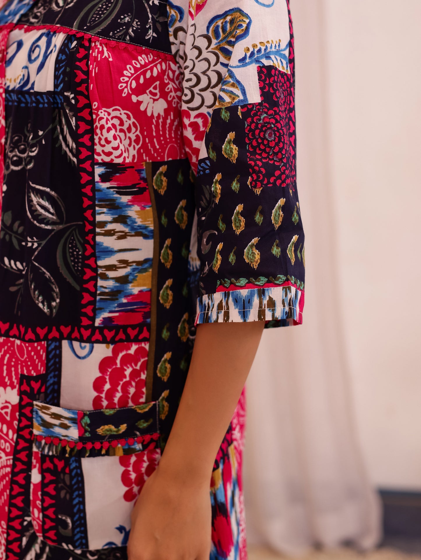 Embroidered Soft Cotton Colorblock Straight Pink Night Dress