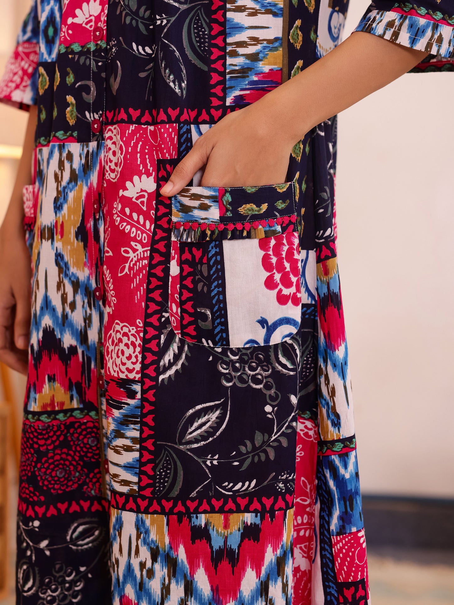 Embroidered Soft Cotton Colorblock Straight Pink Night Dress