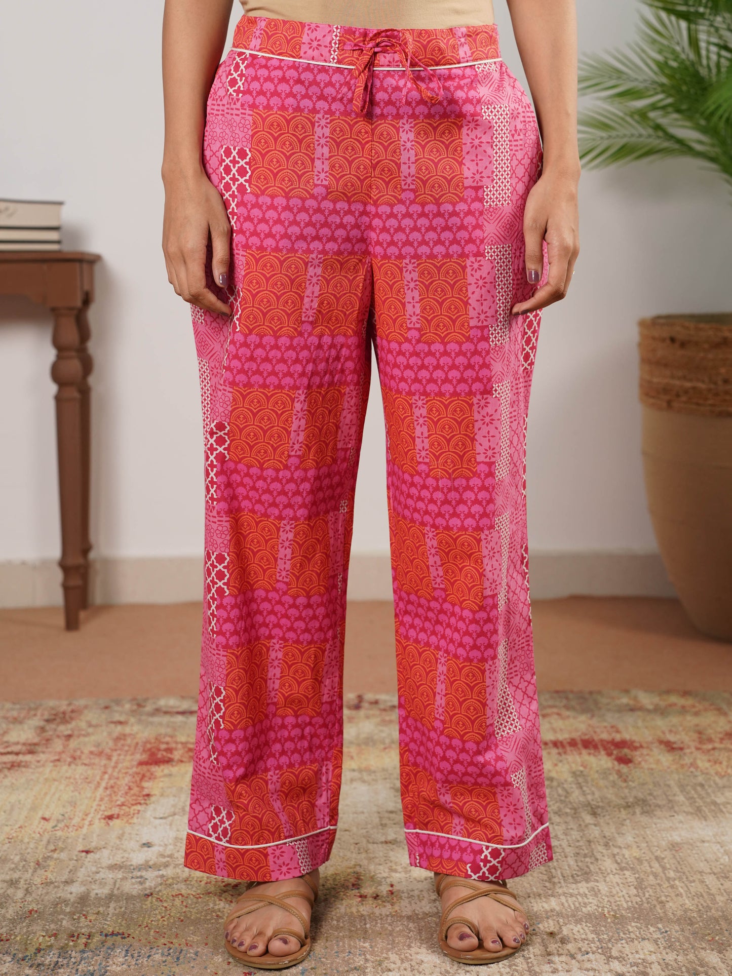 Soft Cotton Geometric Pink Tapered Trousers