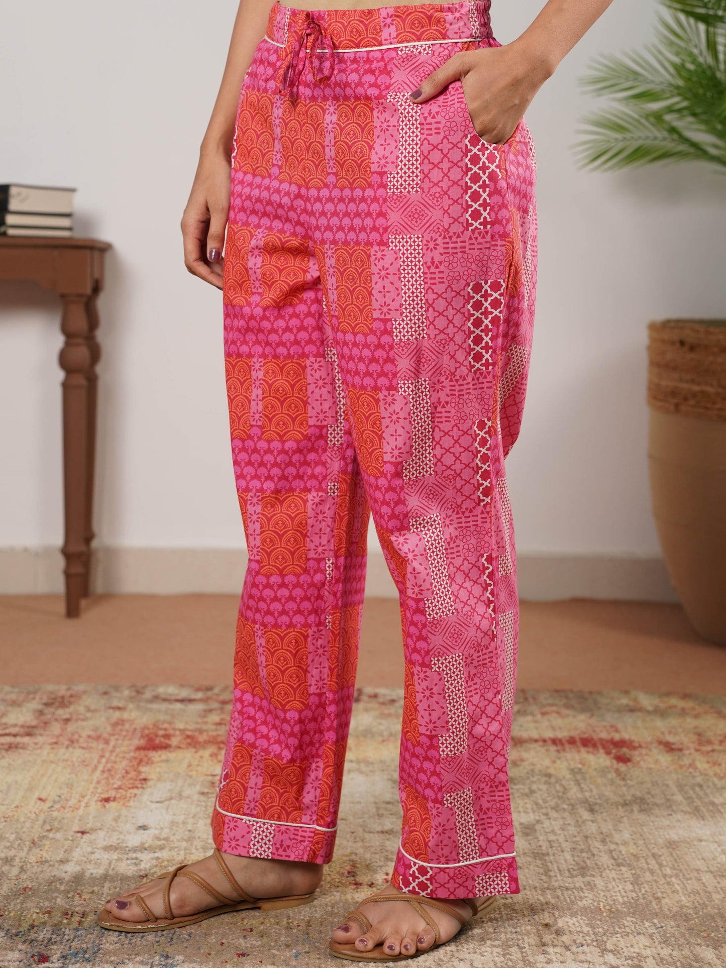 Soft Cotton Geometric Pink Tapered Trousers