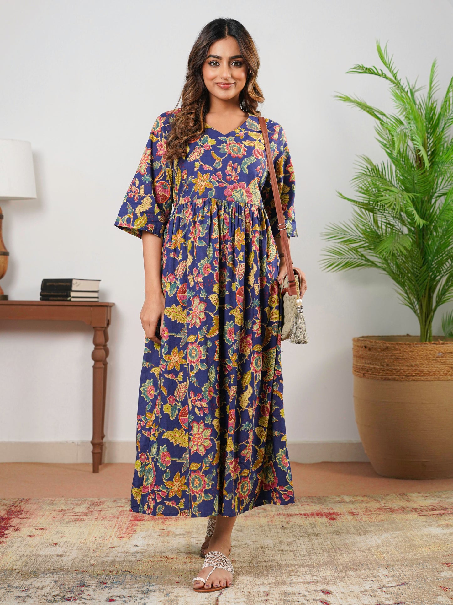 Soft Cotton Floral Anarkali Navy Blue Dress