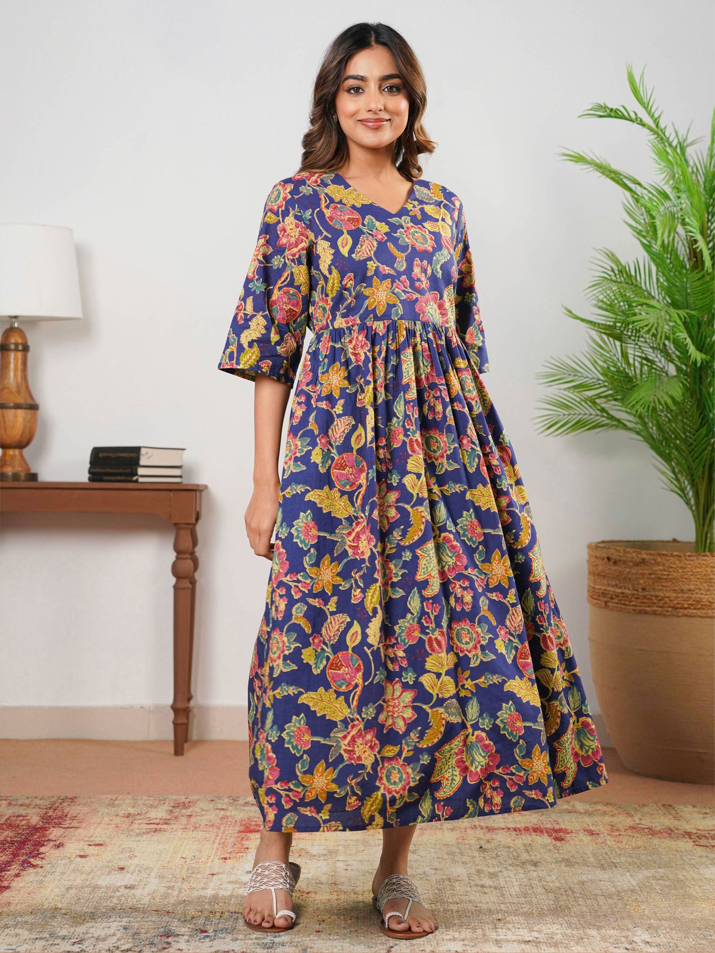 Soft Cotton Floral Anarkali Navy Blue Dress