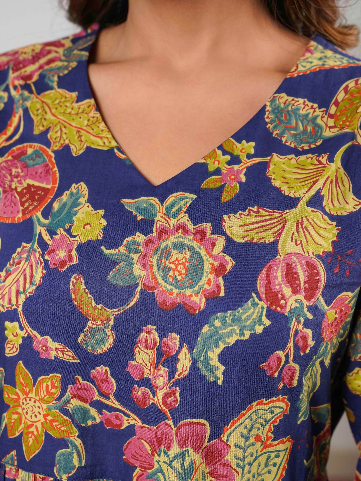 Soft Cotton Floral Anarkali Navy Blue Dress