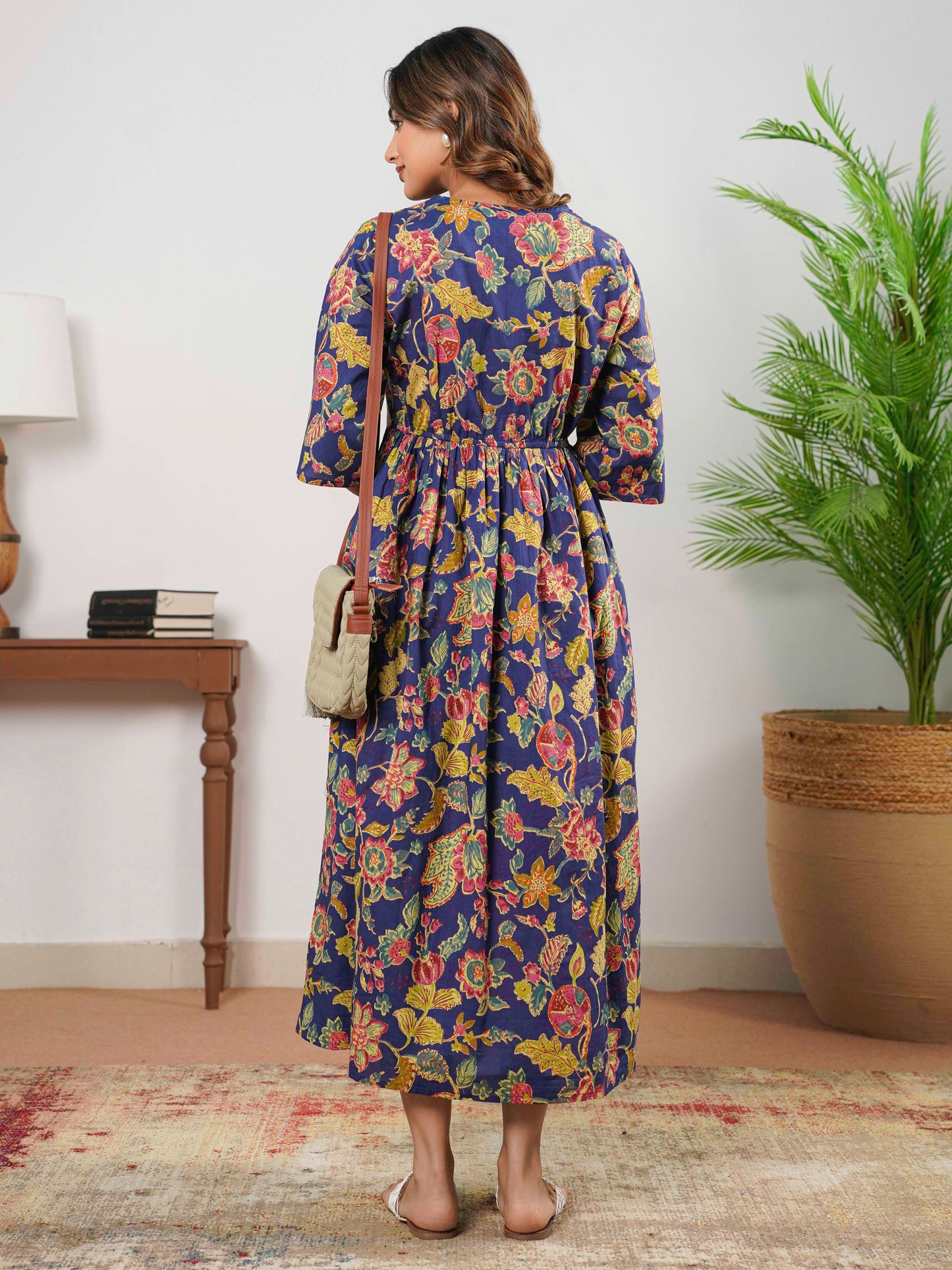 Soft Cotton Floral Anarkali Navy Blue Dress