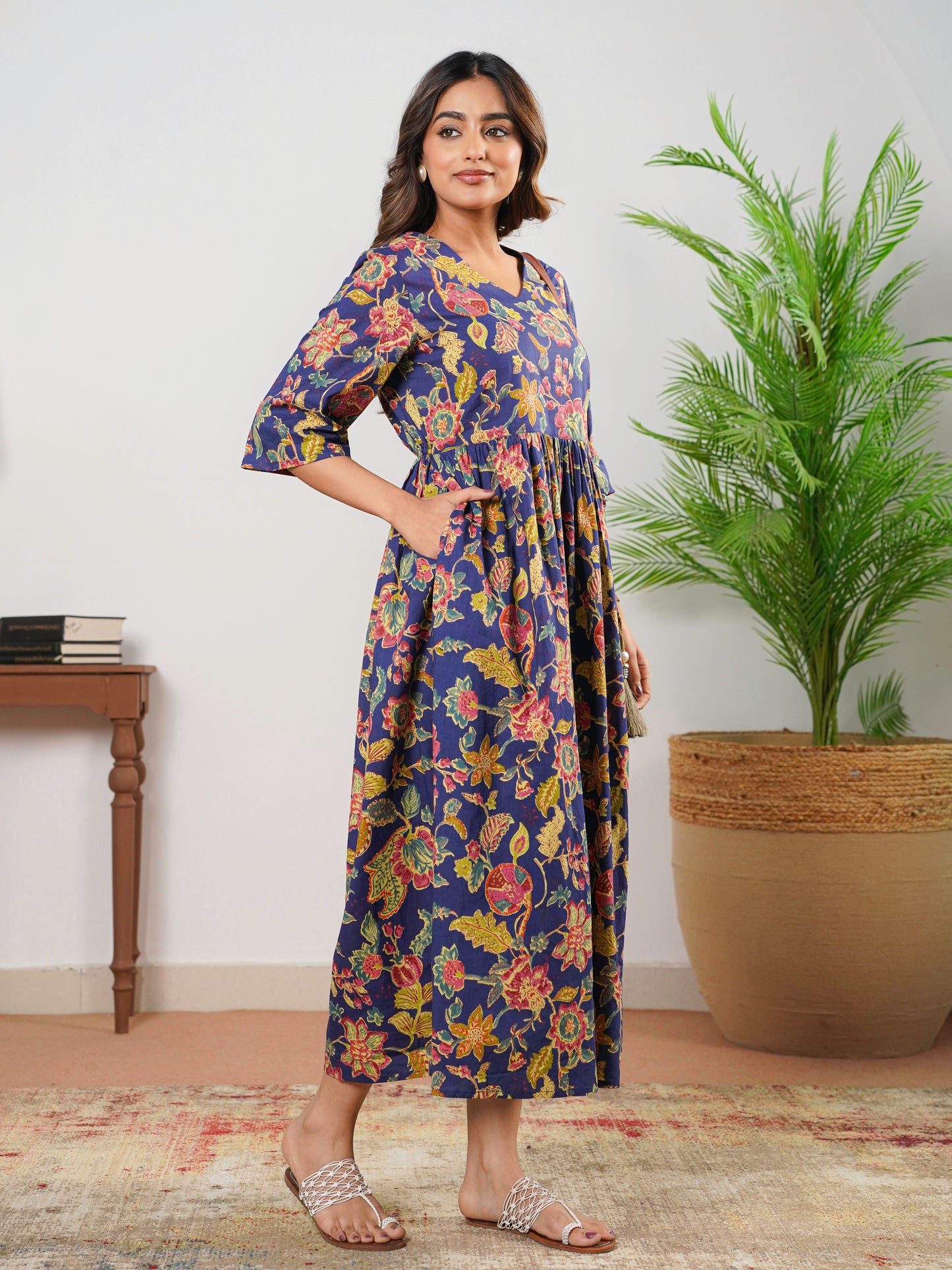 Soft Cotton Floral Anarkali Navy Blue Dress