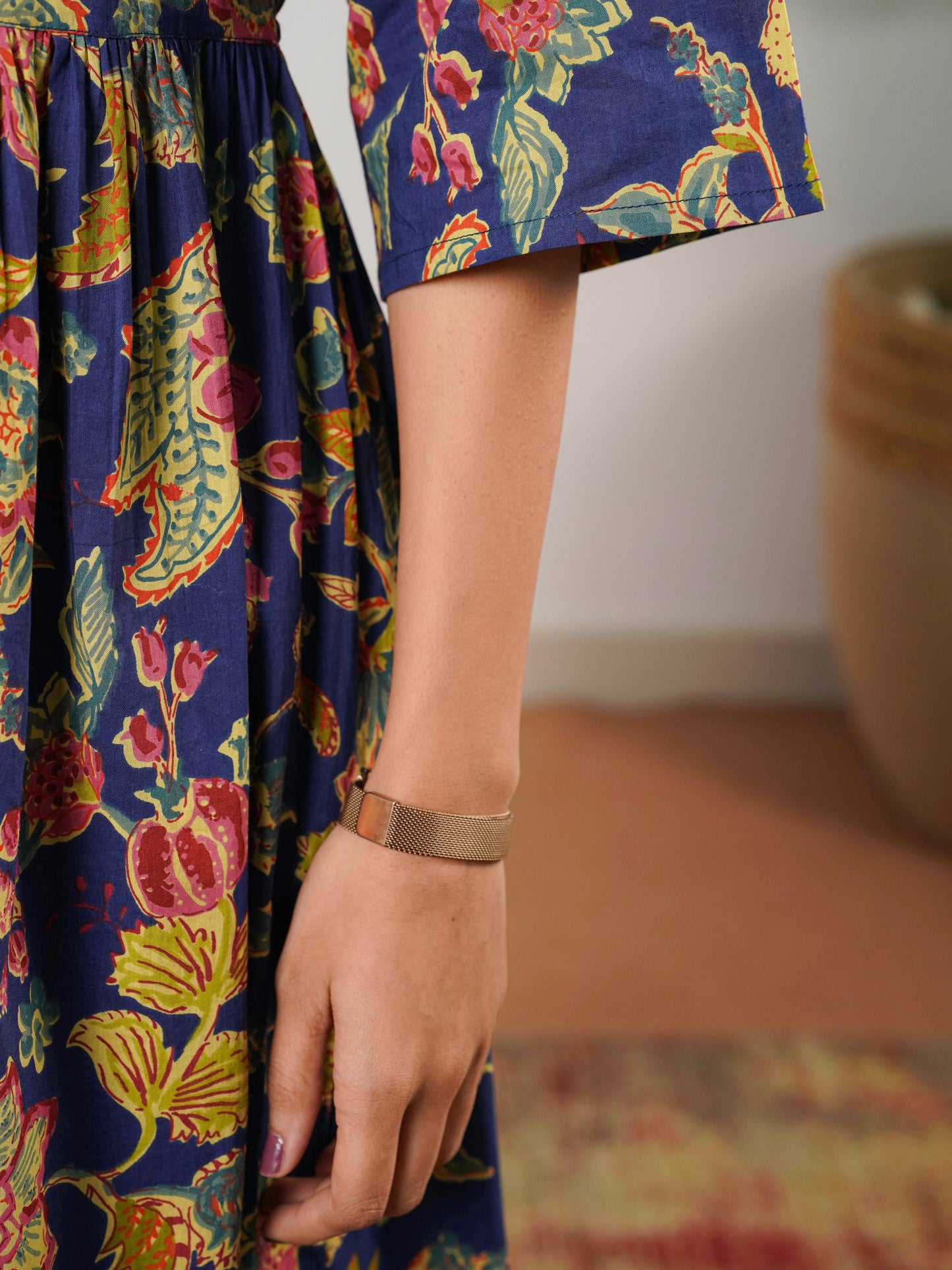 Soft Cotton Floral Anarkali Navy Blue Dress