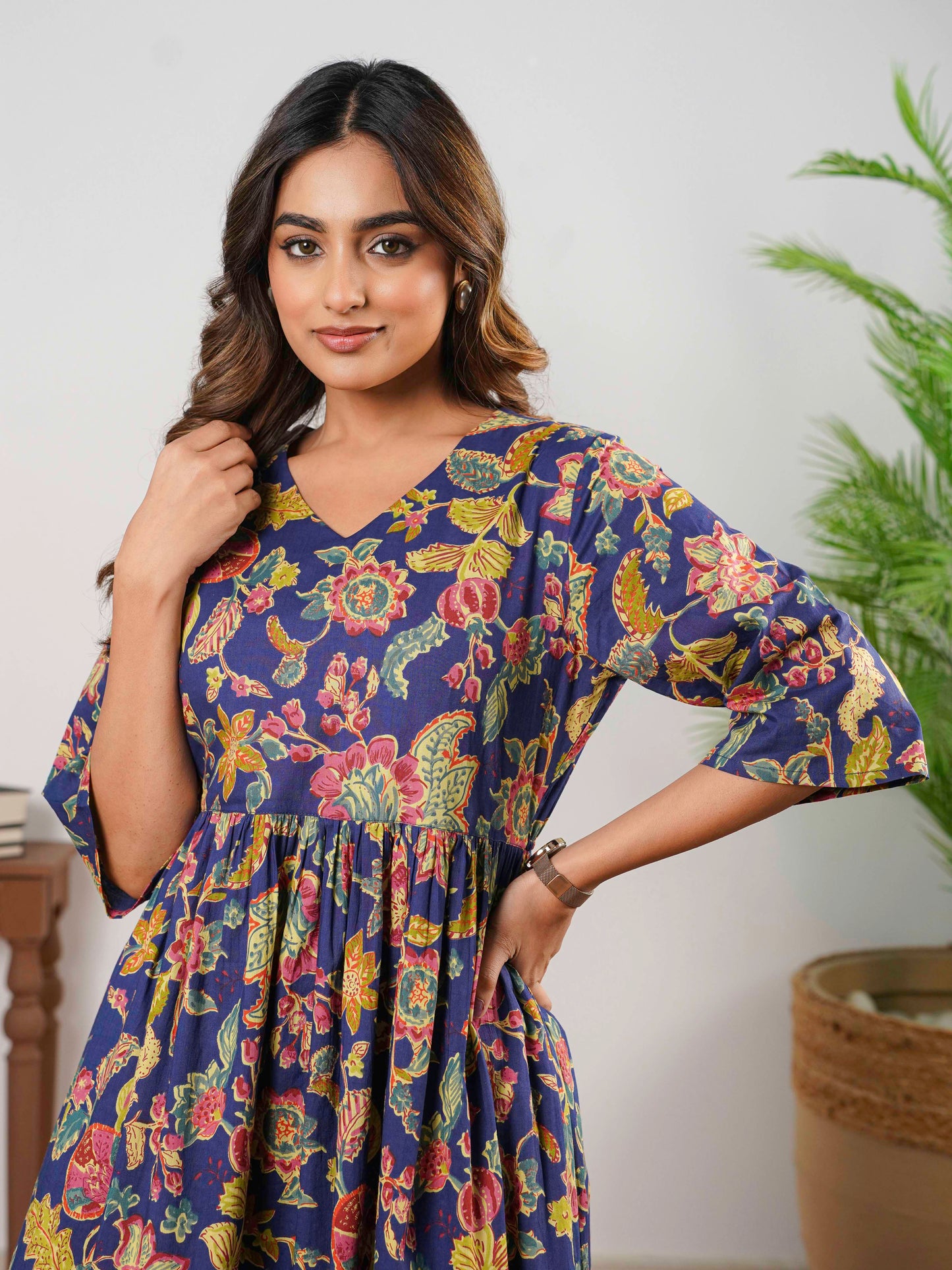 Soft Cotton Floral Anarkali Navy Blue Dress
