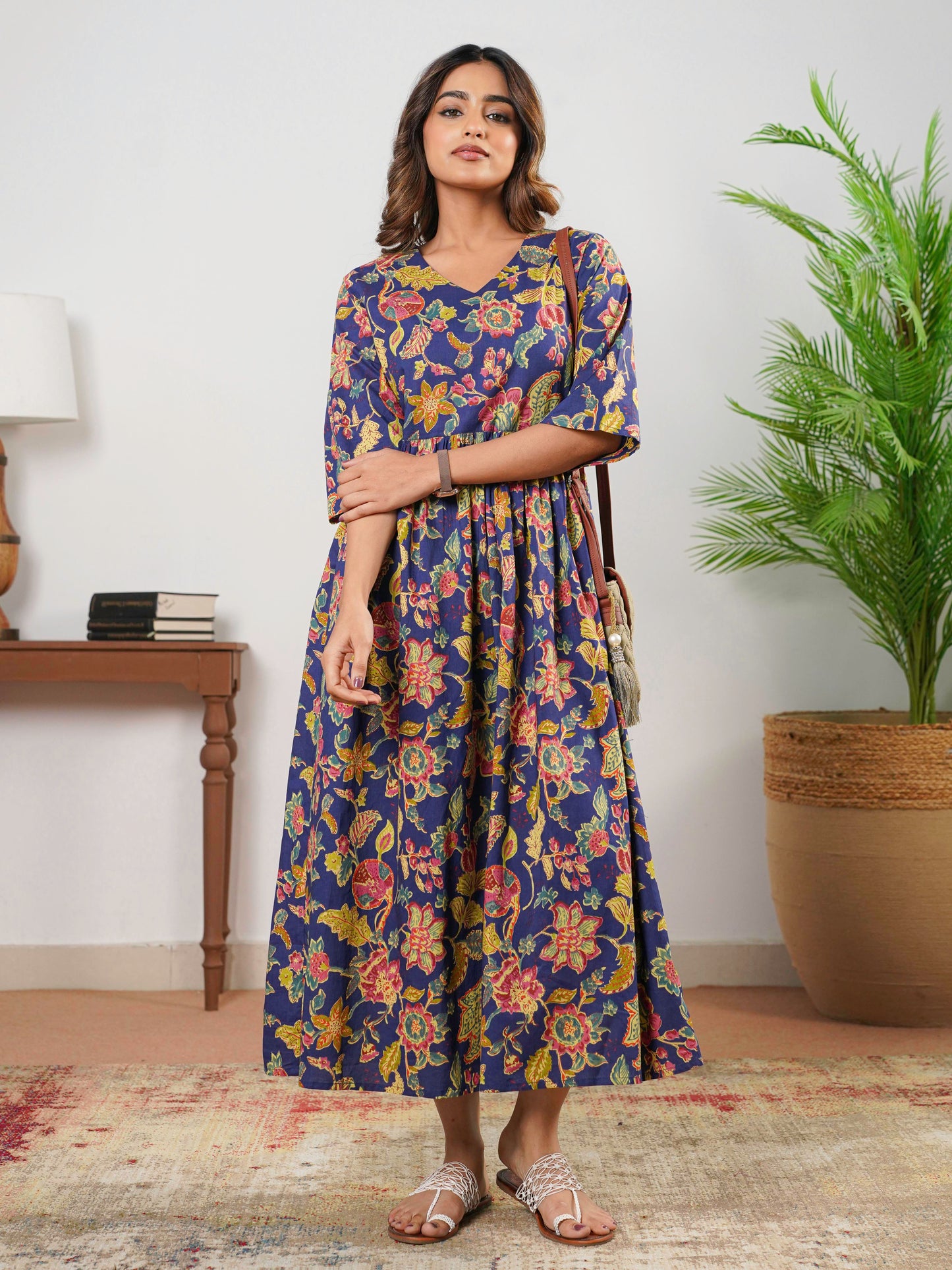 Soft Cotton Floral Anarkali Navy Blue Dress