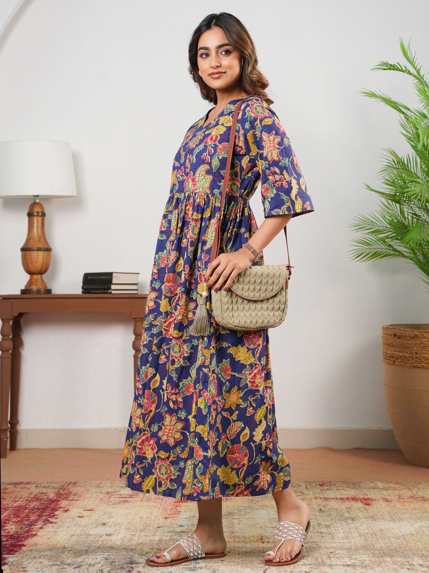 Soft Cotton Floral Anarkali Navy Blue Dress