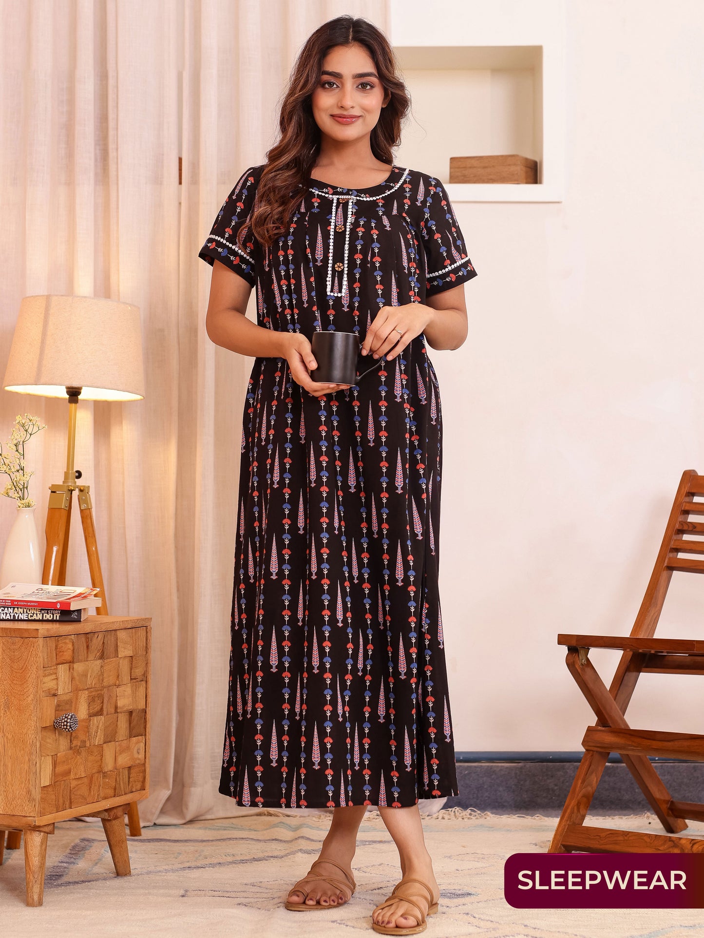 Soft Cotton Butti Anarkali Black Nighty