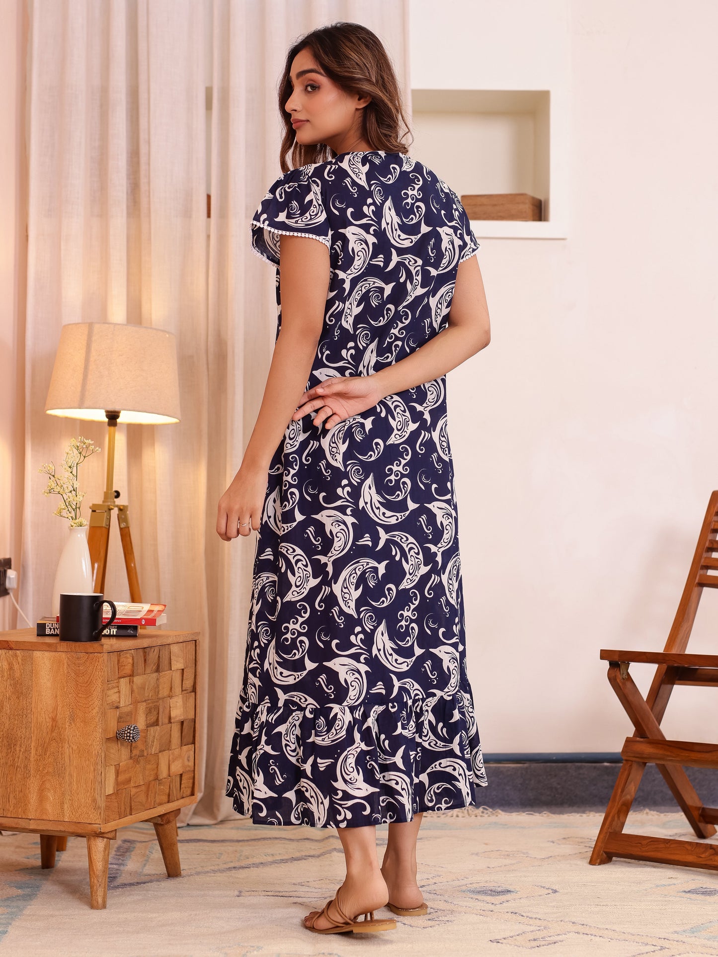 Soft Cotton Abstract Flared Blue Nighty