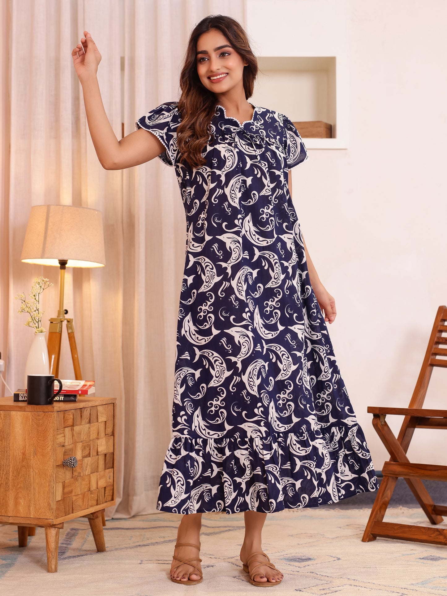 Soft Cotton Abstract Flared Blue Nighty