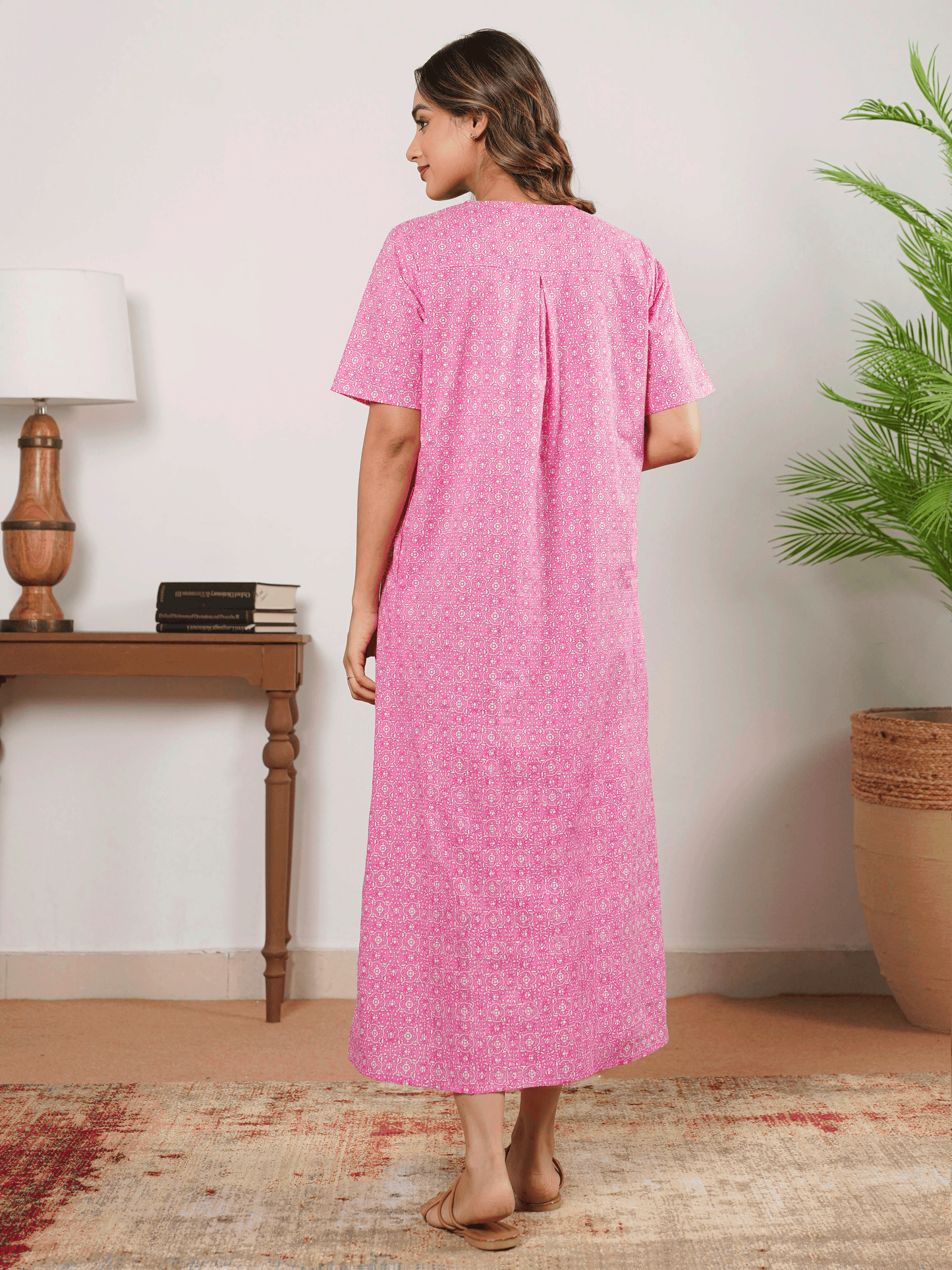 Soft Cotton Geometric Anarkali Pink Dress