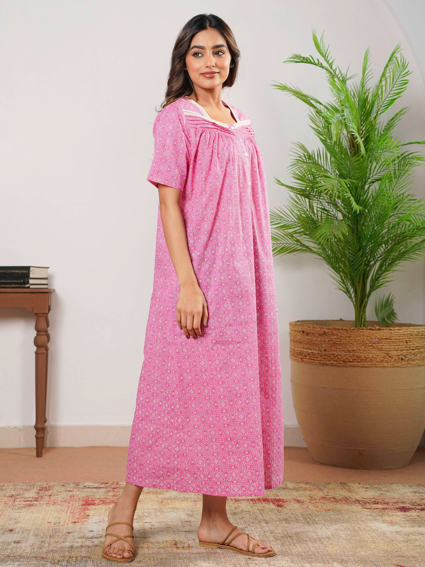 Soft Cotton Geometric Anarkali Pink Dress