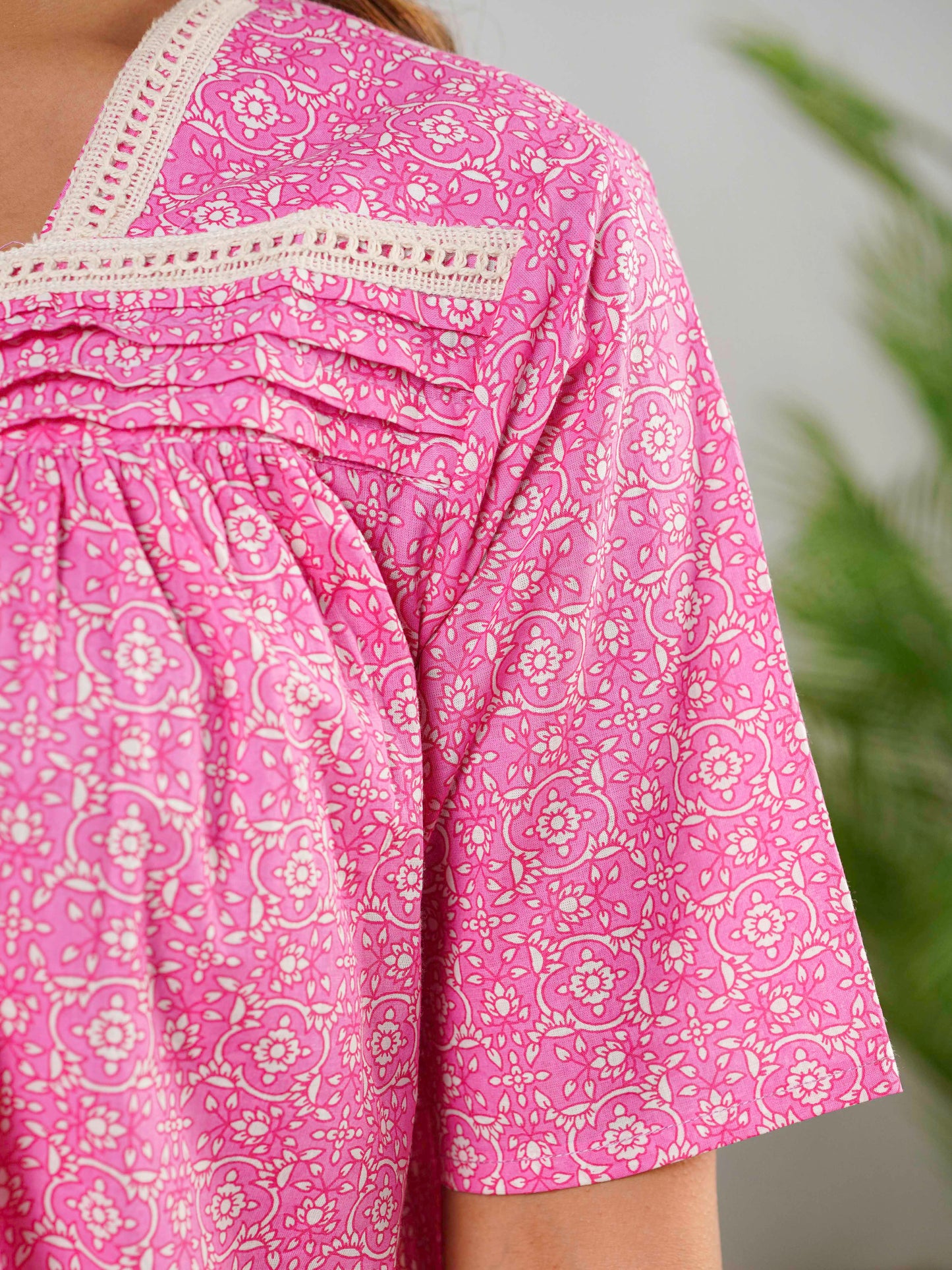 Soft Cotton Geometric Anarkali Pink Dress