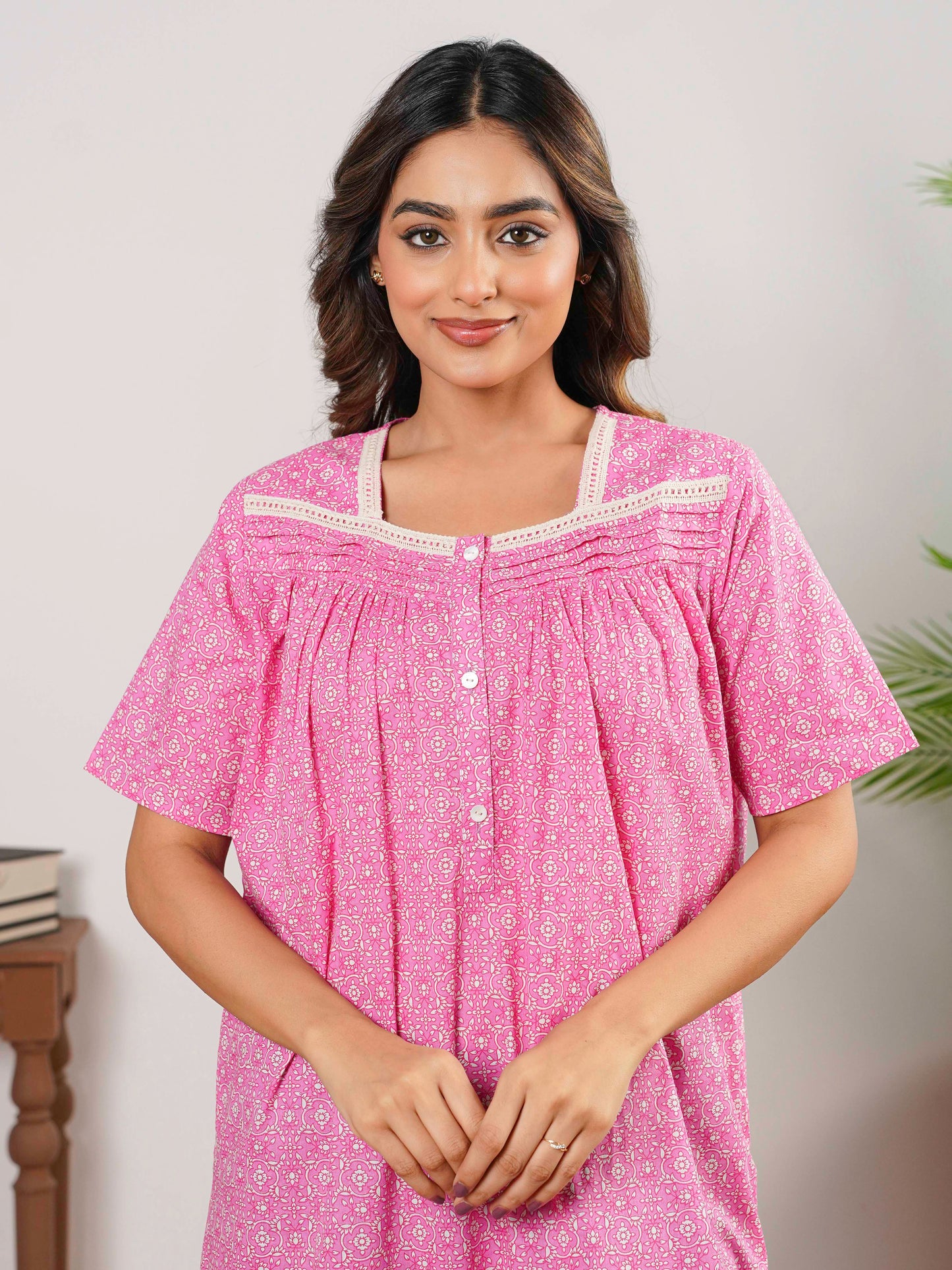 Soft Cotton Geometric Anarkali Pink Dress