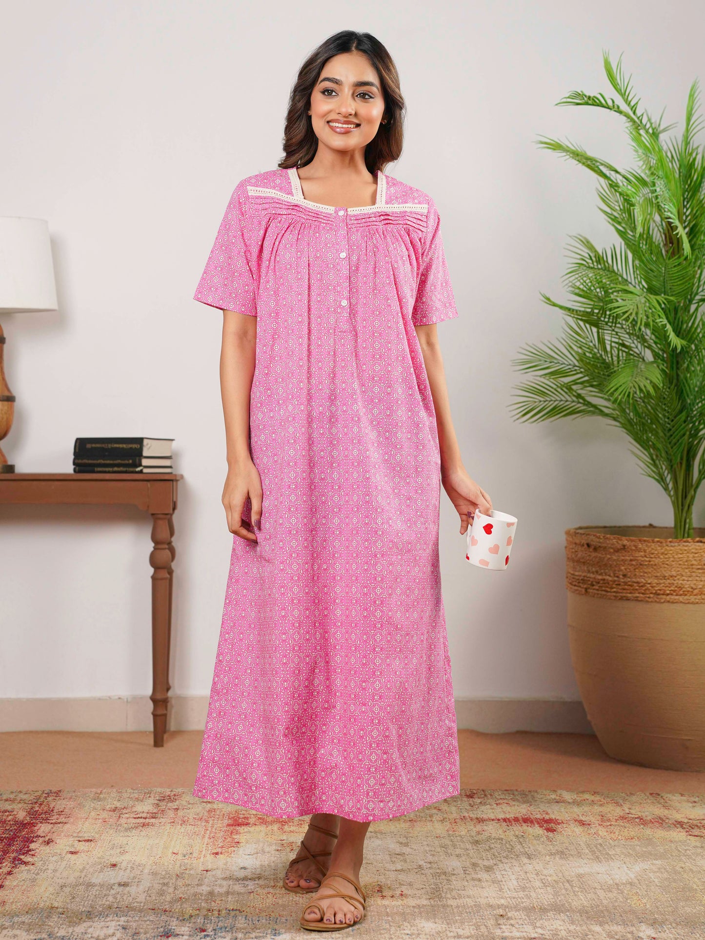 Soft Cotton Geometric Anarkali Pink Dress