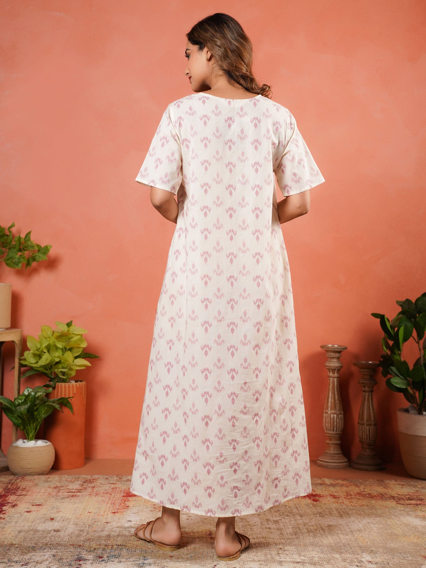 Soft Cotton Ikat A-line Cream Nighty