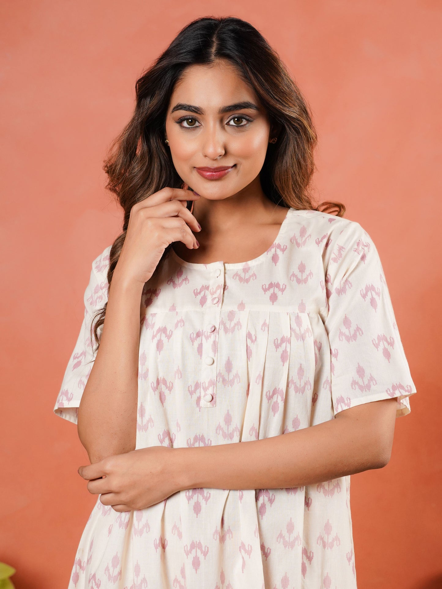 Soft Cotton Ikat A-line Cream Nighty