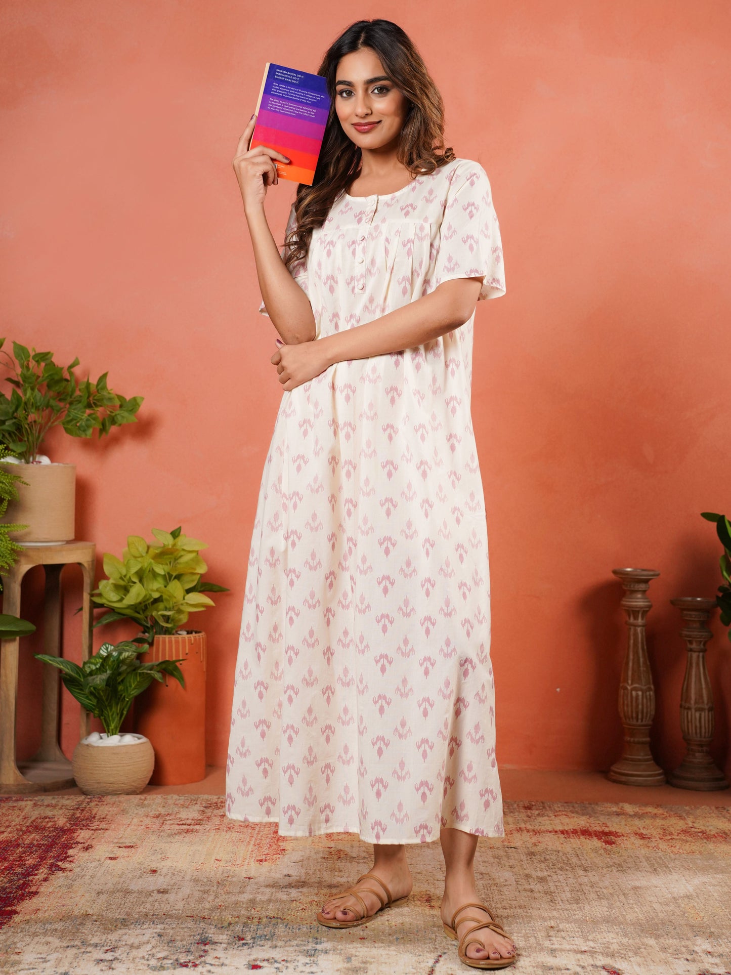 Soft Cotton Ikat A-line Cream Nighty