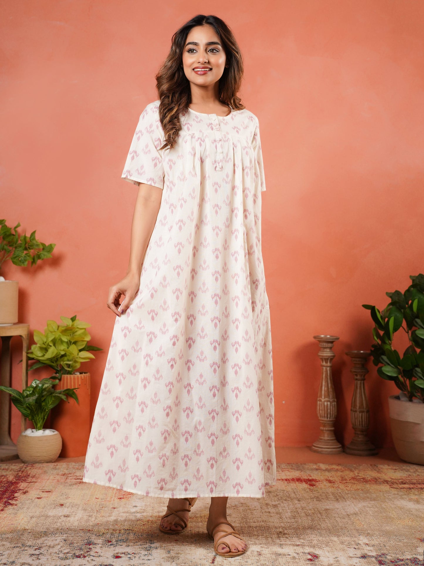 Soft Cotton Ikat A-line Cream Nighty