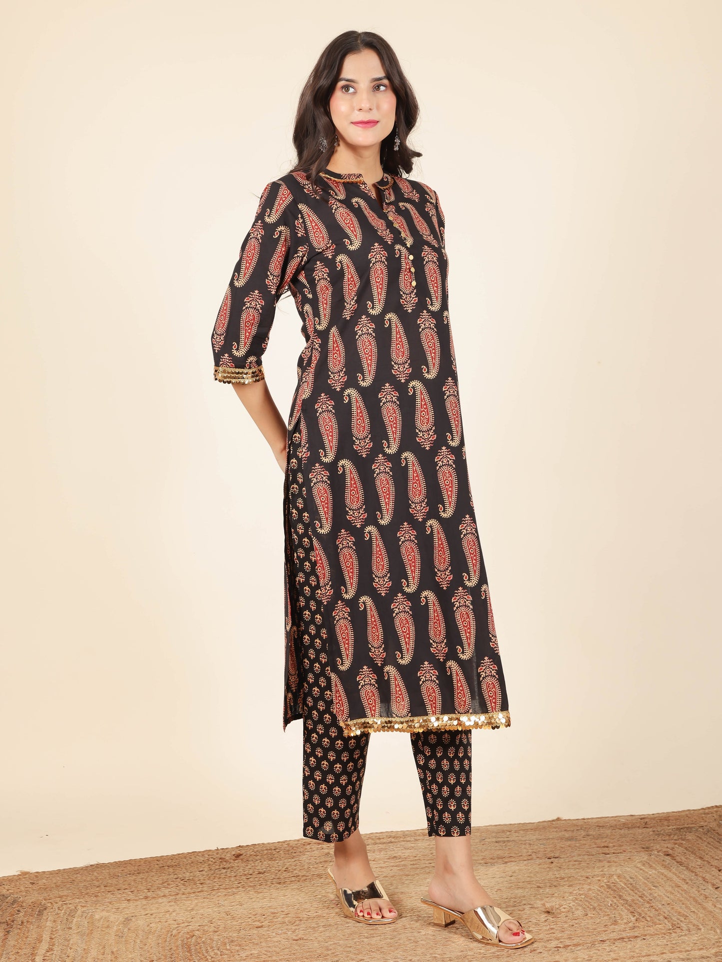 Soft Cotton Paisley Straight Black Kurta