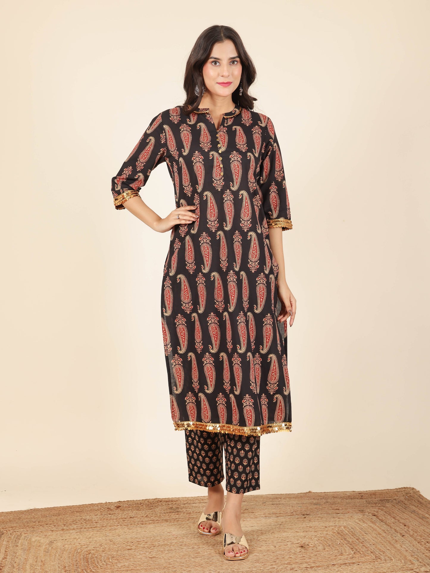 Soft Cotton Paisley Straight Black Kurta