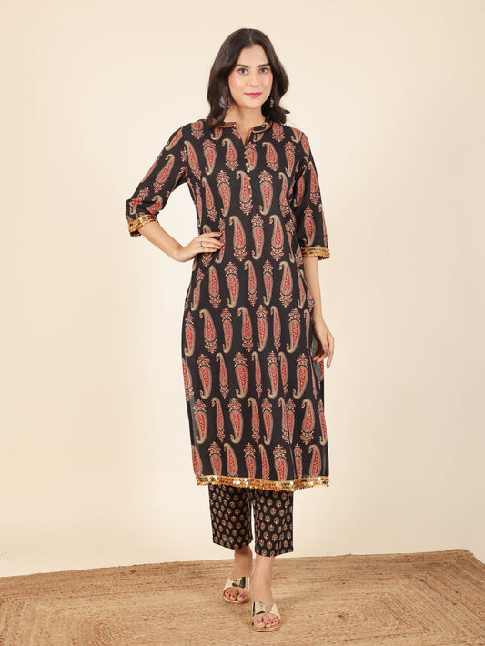 Soft Cotton Paisley Straight Black Kurta