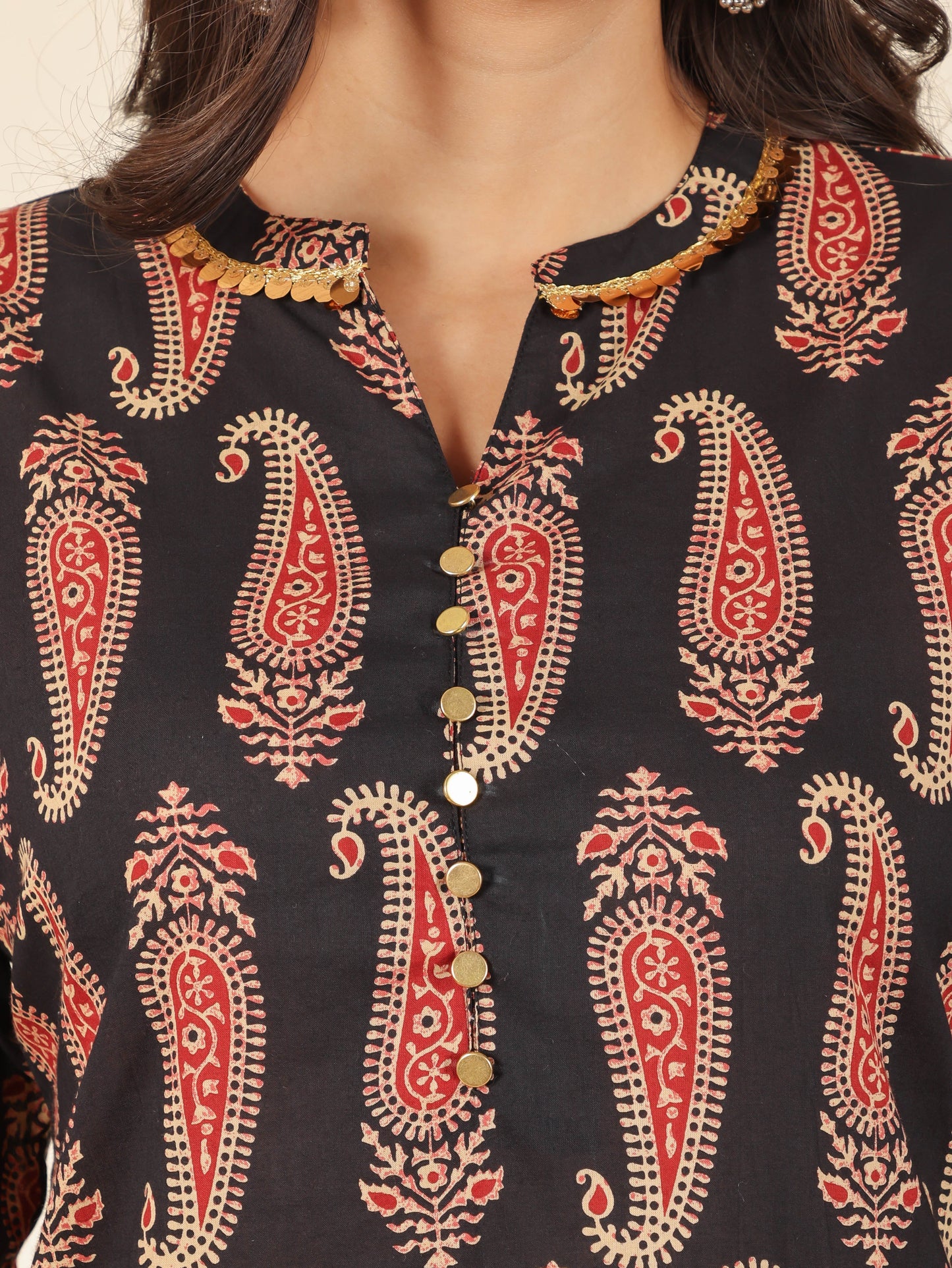 Soft Cotton Paisley Straight Black Kurta
