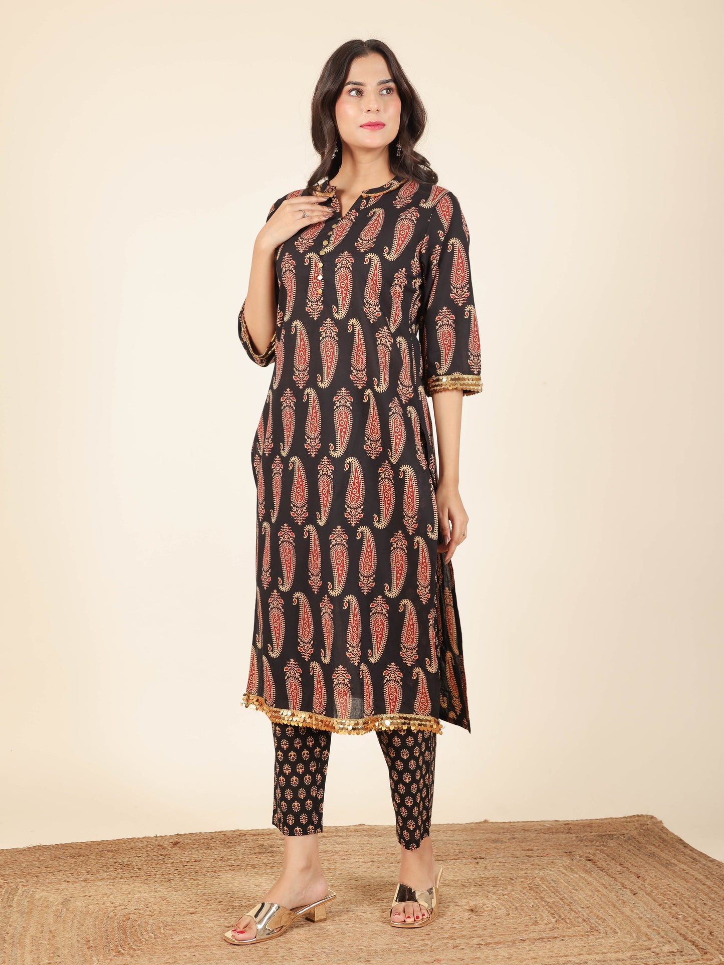 Soft Cotton Paisley Straight Black Kurta