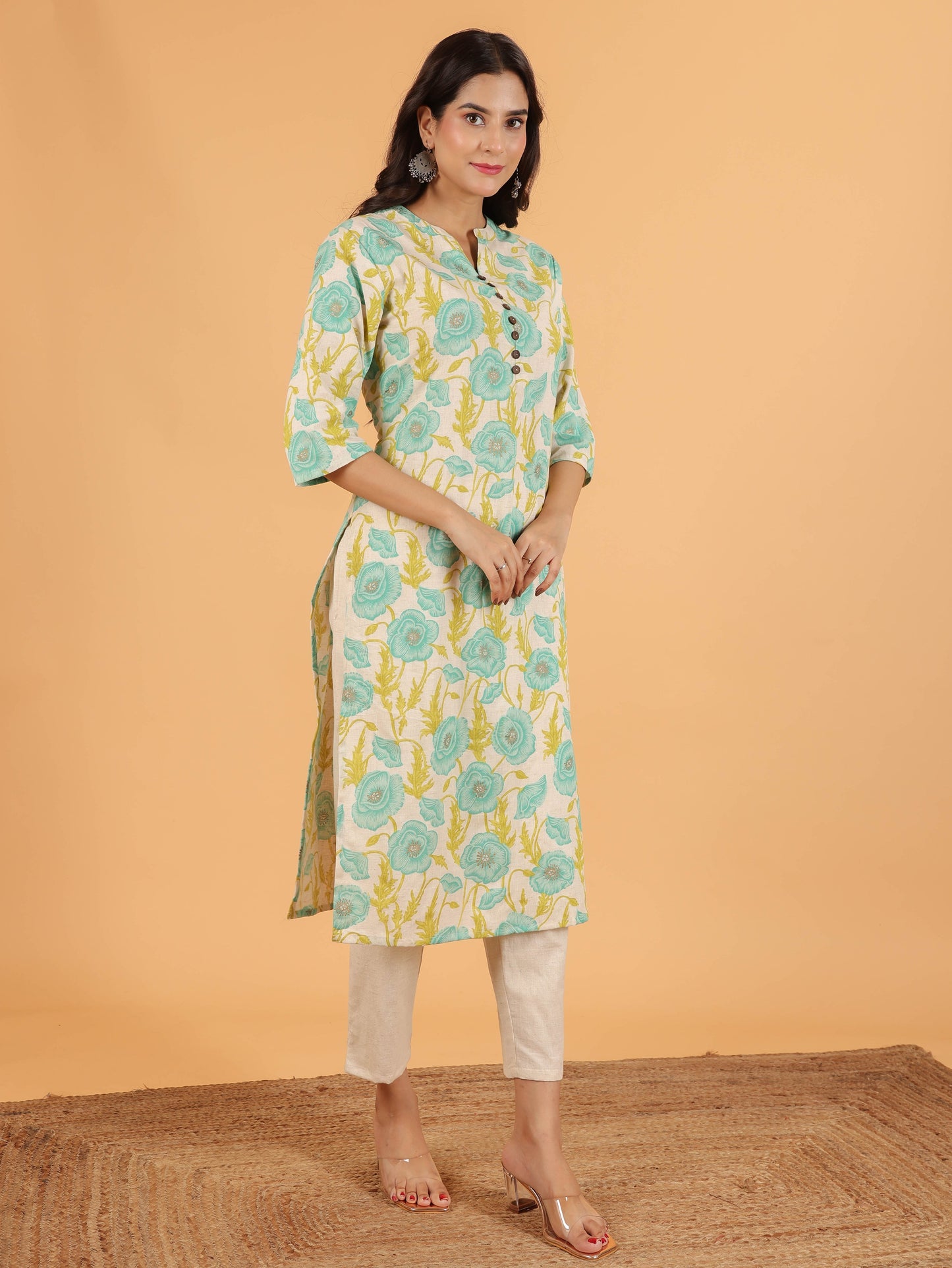 Linen Cotton Floral Straight White Kurta