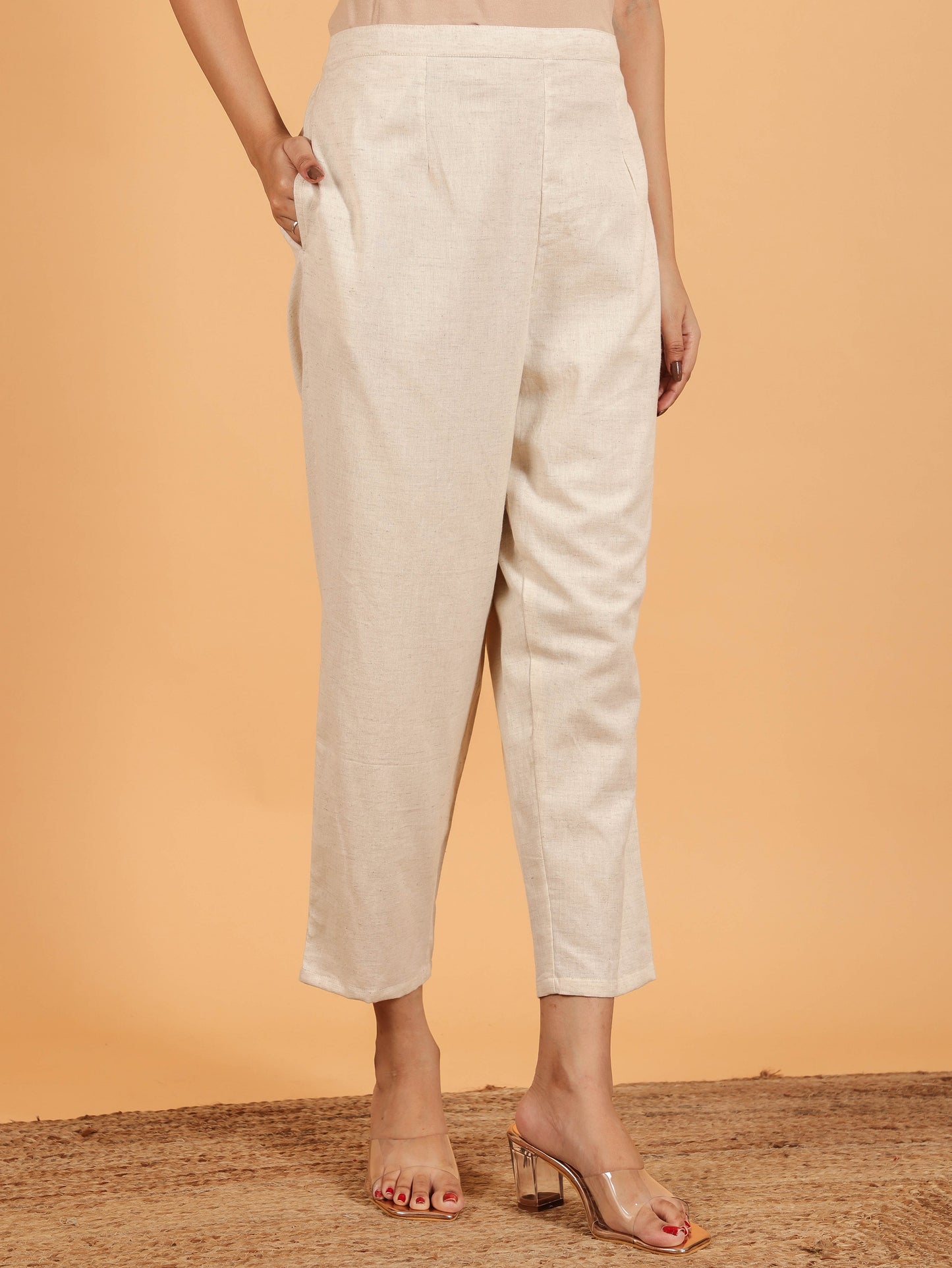 Linen Cotton Floral Straight White Kurta