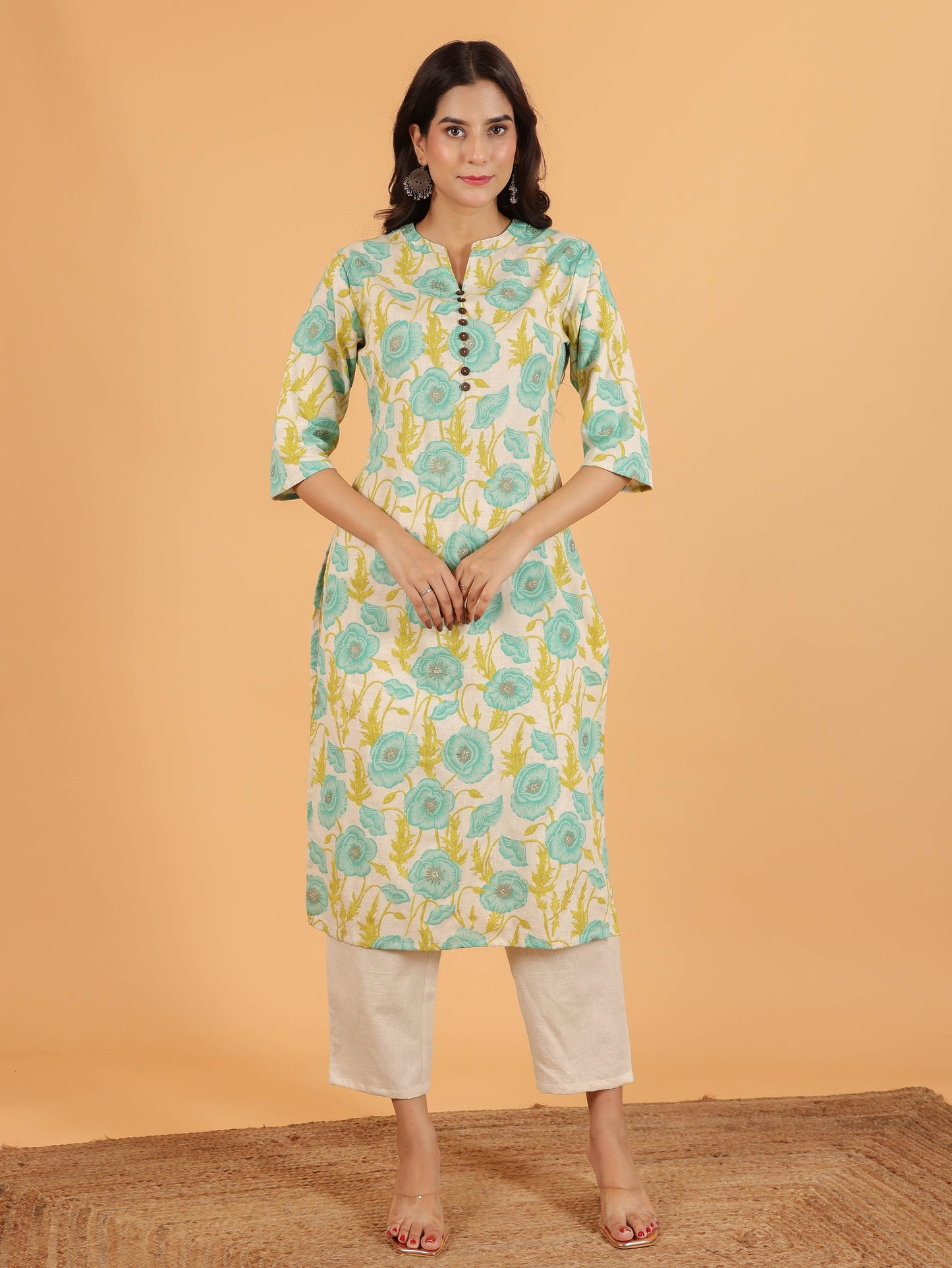 Linen Cotton Floral Straight White Kurta