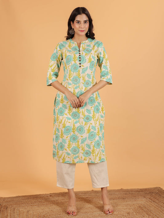 Linen Cotton Floral Straight White Kurta
