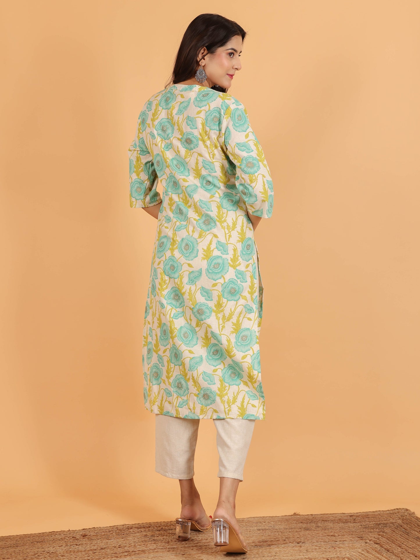 Linen Cotton Floral Straight White Kurta