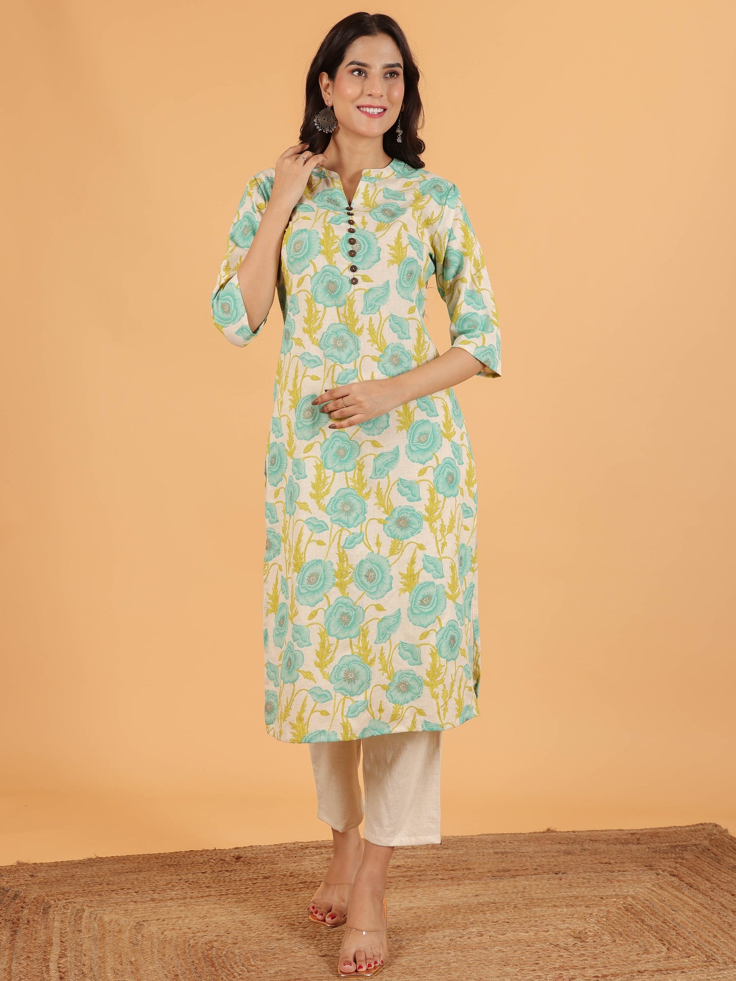 Linen Cotton Floral Straight White Kurta