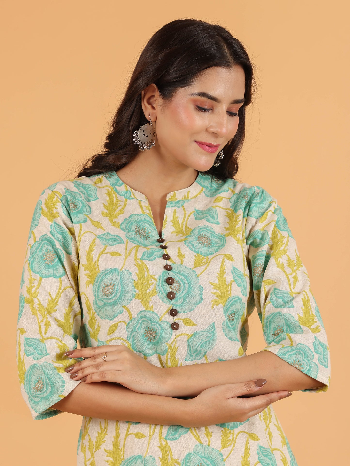 Linen Cotton Floral Straight White Kurta