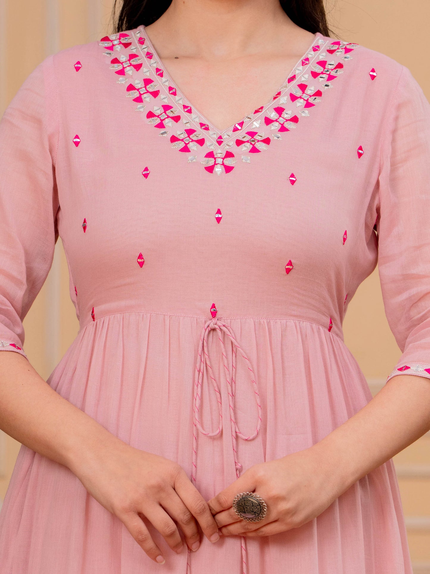 Embroidered Cotton Voile Solid Tiered Pink Dress