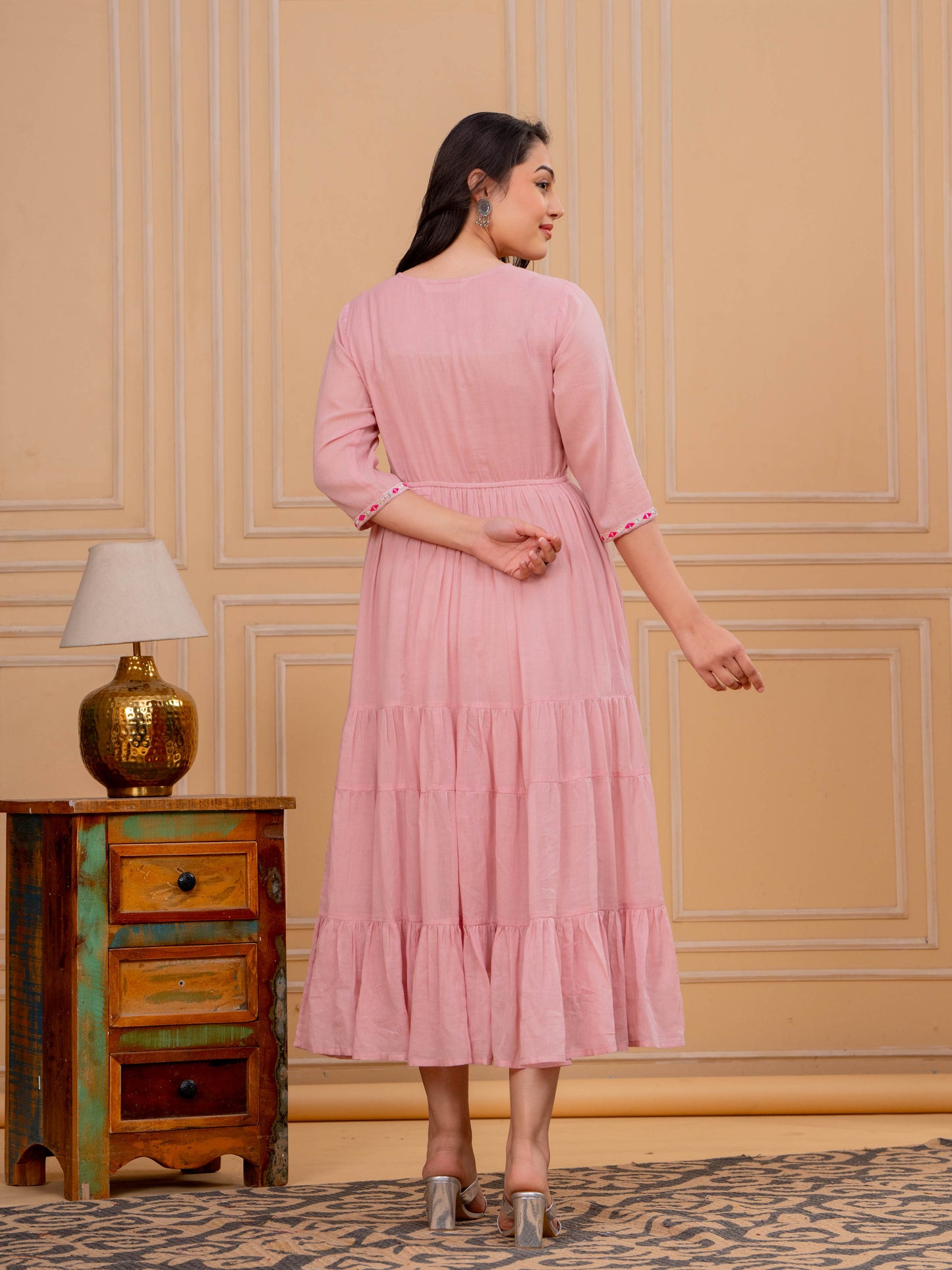 Embroidered Cotton Voile Solid Tiered Pink Dress