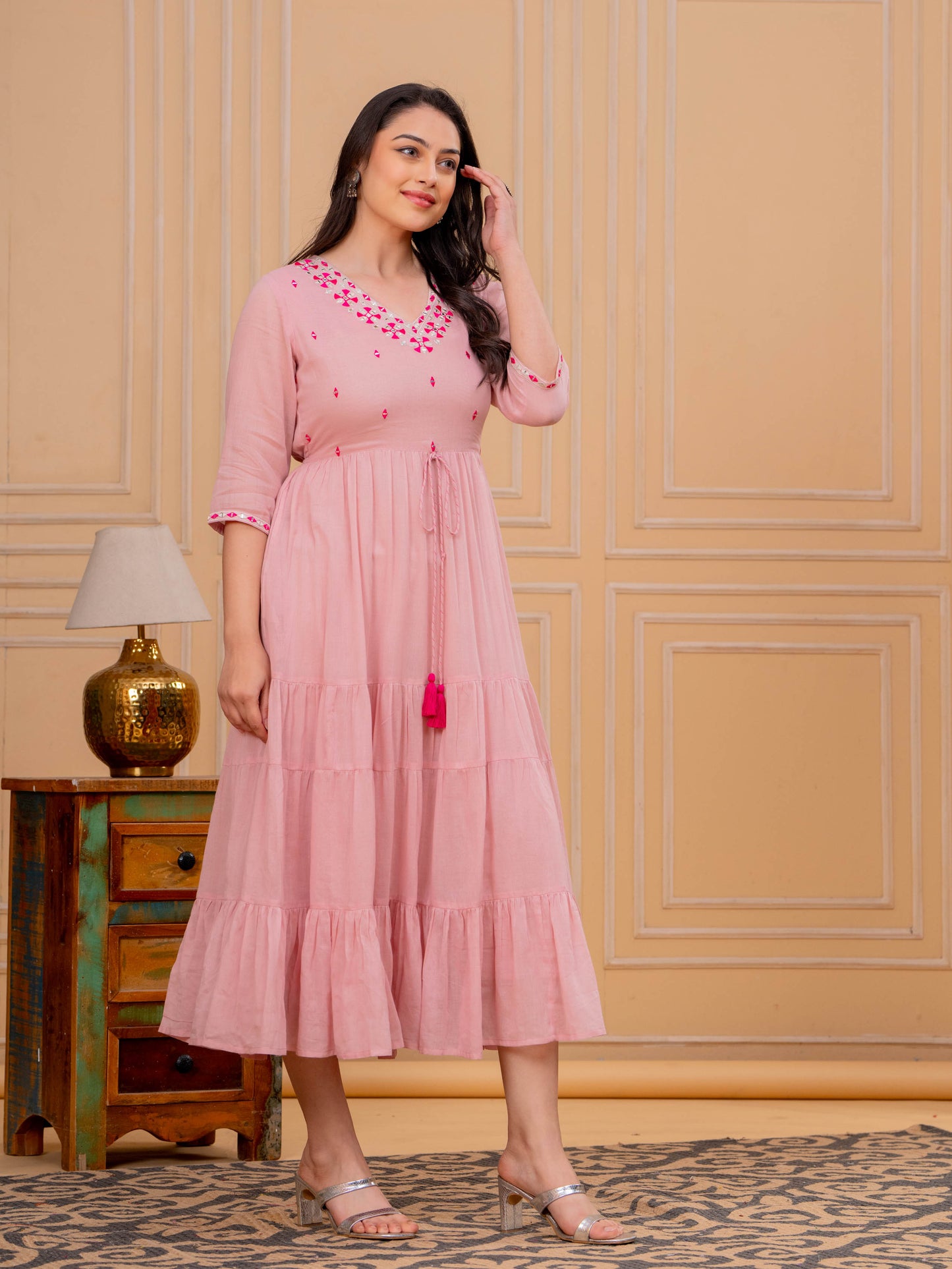 Embroidered Cotton Voile Solid Tiered Pink Dress