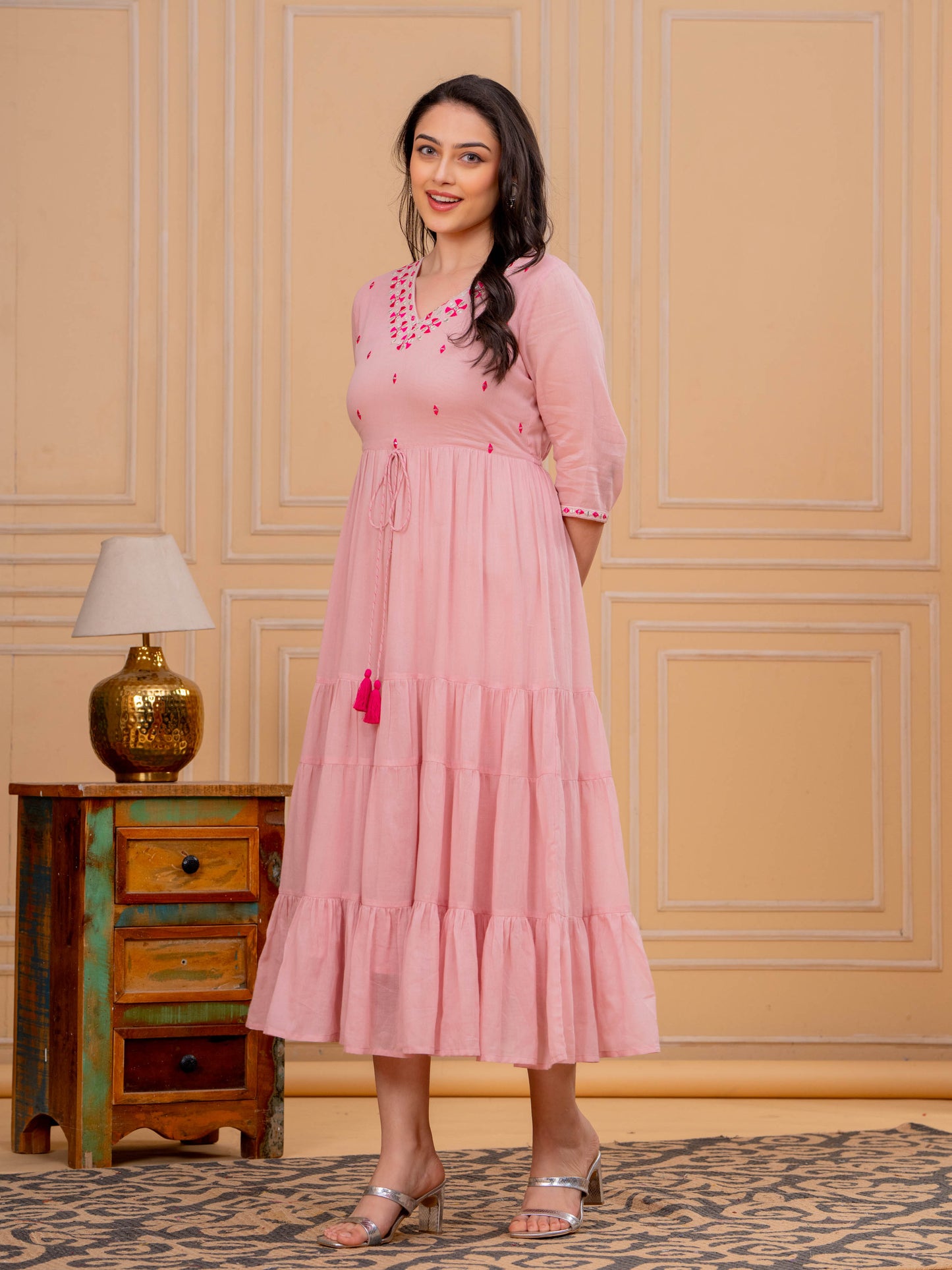 Embroidered Cotton Voile Solid Tiered Pink Dress