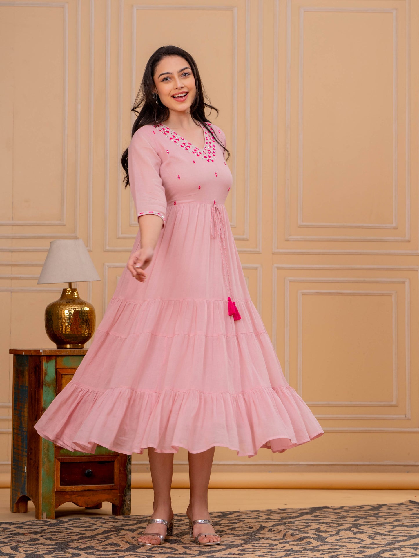 Embroidered Cotton Voile Solid Tiered Pink Dress
