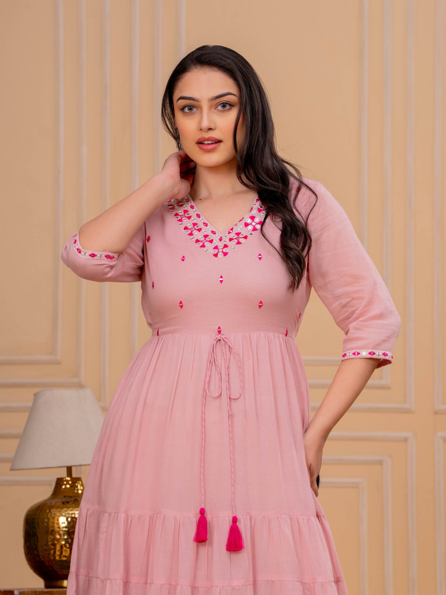 Embroidered Cotton Voile Solid Tiered Pink Dress