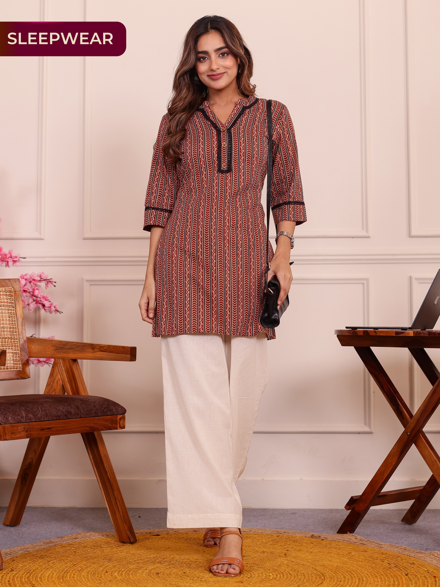 Soft Cotton Geometric Straight Maroon Kurta